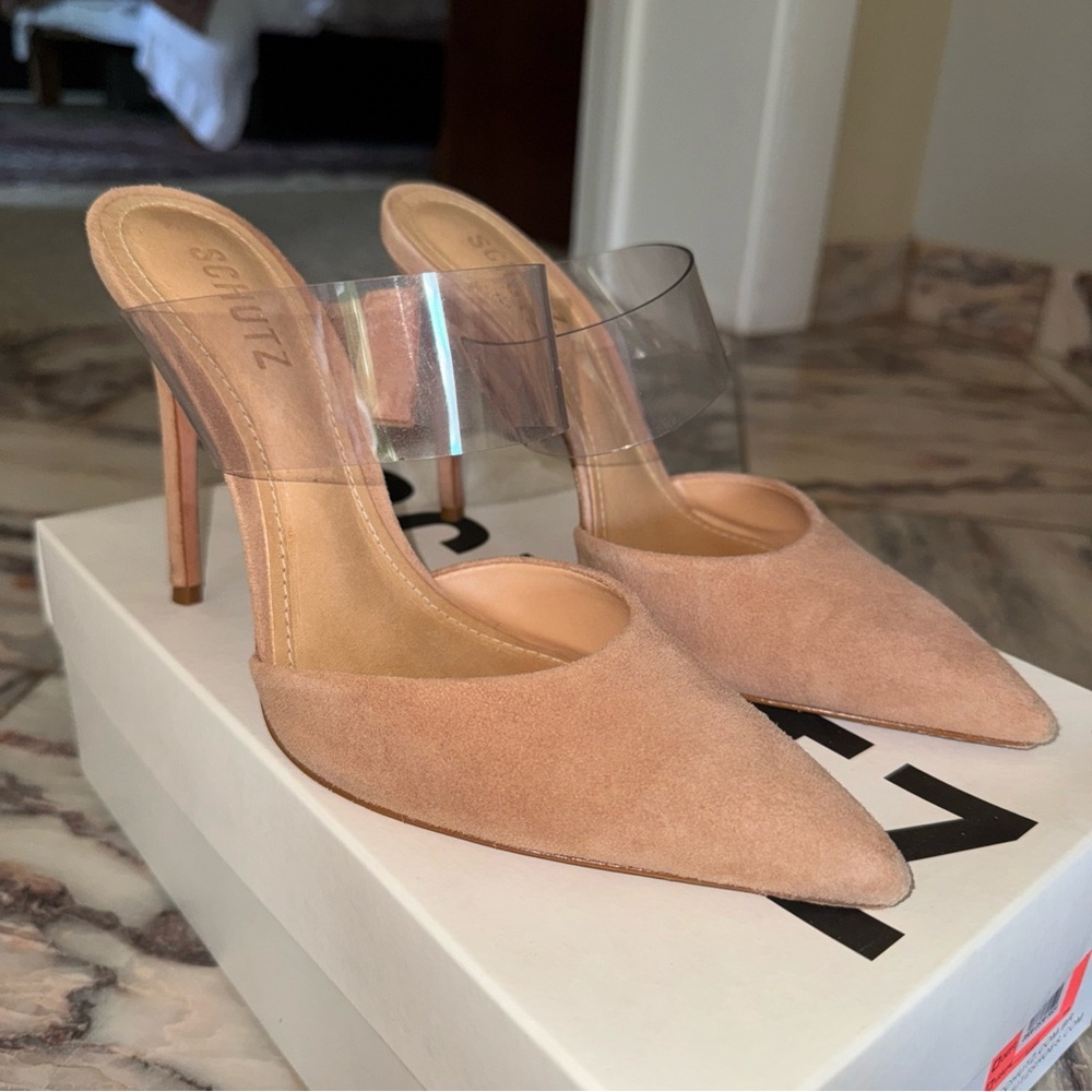 SCHUTZ Tan Suede Heels with Clear Strap